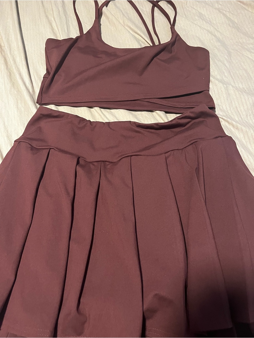 Strappy Crop Top and Pleated Mini Skirt Set in Deep Wine
